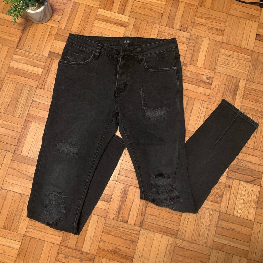 VINTAGE NEUW DENIM DISTRESSED SKINNY FIT DARK BLACK GREY JEANS STREETWEAR EUC
